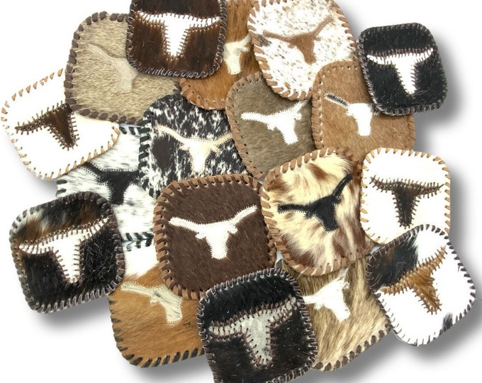 COWHIDE Square With Longhorn Leather Lace Coasters Assorted Mix Colors Genuine Cowhide Coasters Individually Sold