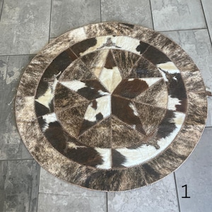 40" Round Cowhide Rug – Western Star Design with LH Initials & Stitched Edges