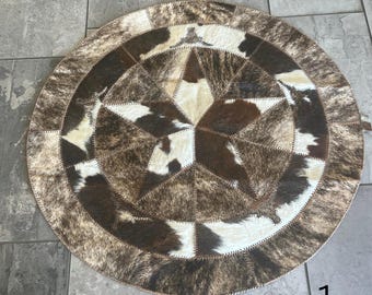 40" Round Cowhide Rug – Western Star Design with LH Initials & Stitched Edges