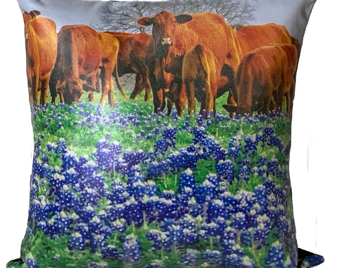 Cattle on a Field of Bluebonnets  | Leather Throw Pillow| Image Pillow | 18”x18”