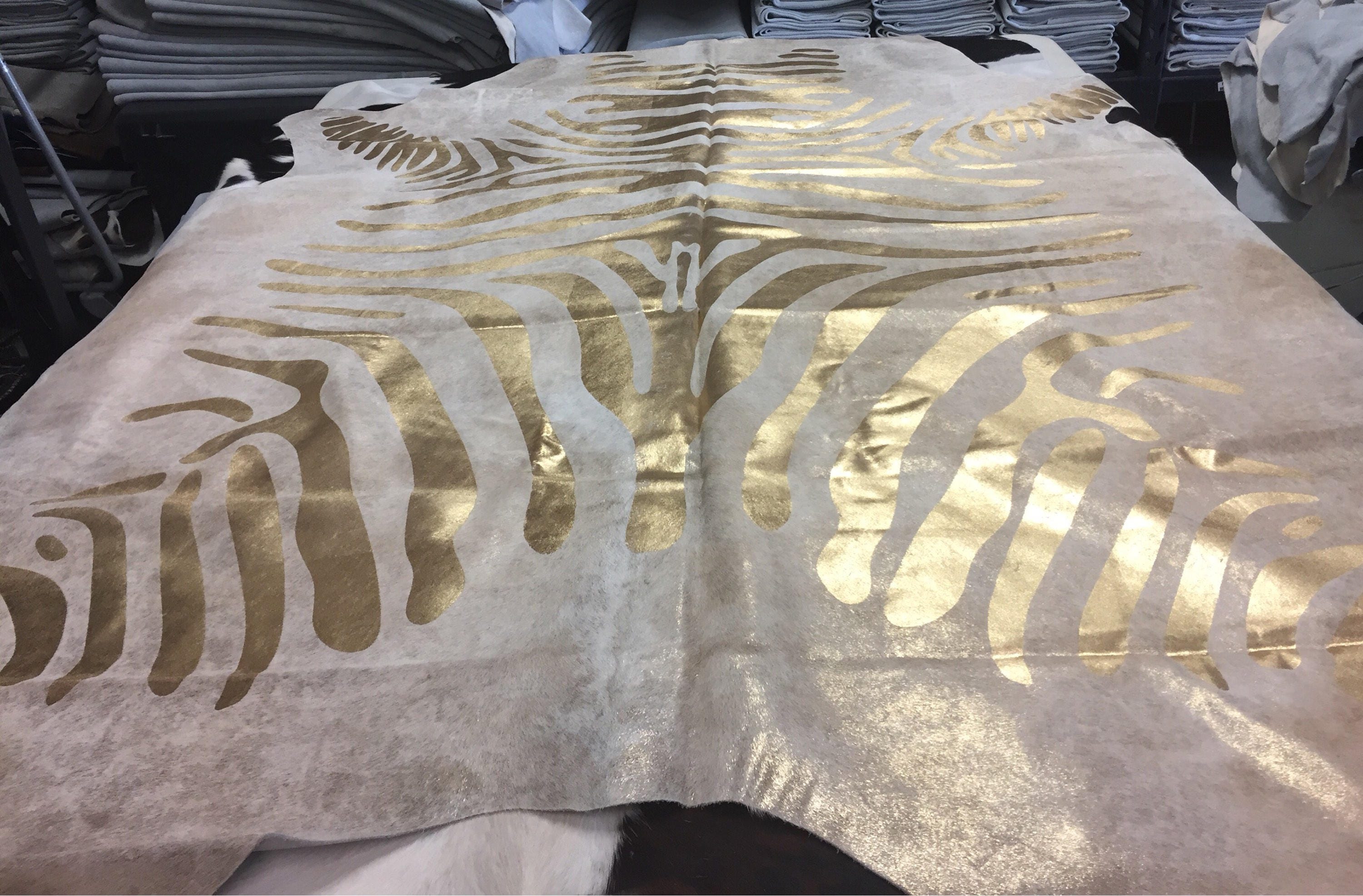 Zebra Gold on Beige Metallic Cowhide Rug FREE SHIPPING