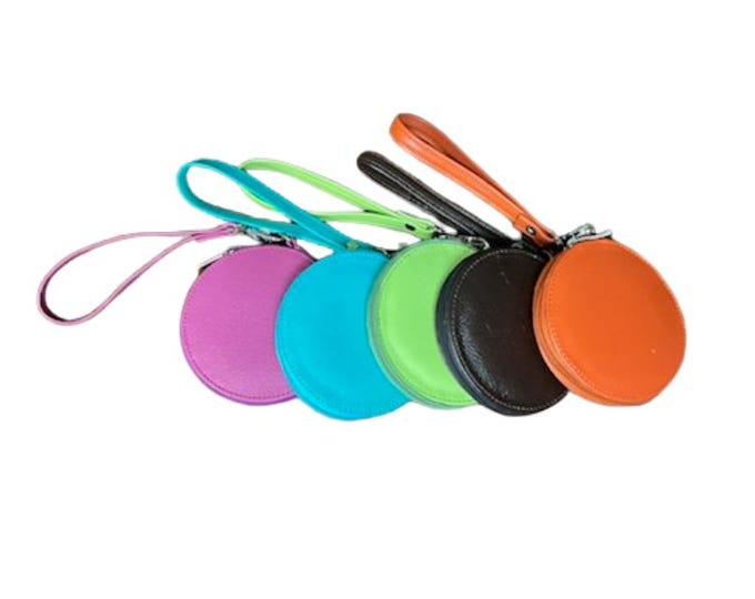 Small Round Leather Purse with Wristlet Strap-Small Circle Handbag with Strap