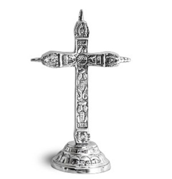 Pewter 15-Inch Carved Cross with Base | Pewter Spiritual Cross | Religion Home Decor| Ecuadorian Pewter | P-CR4