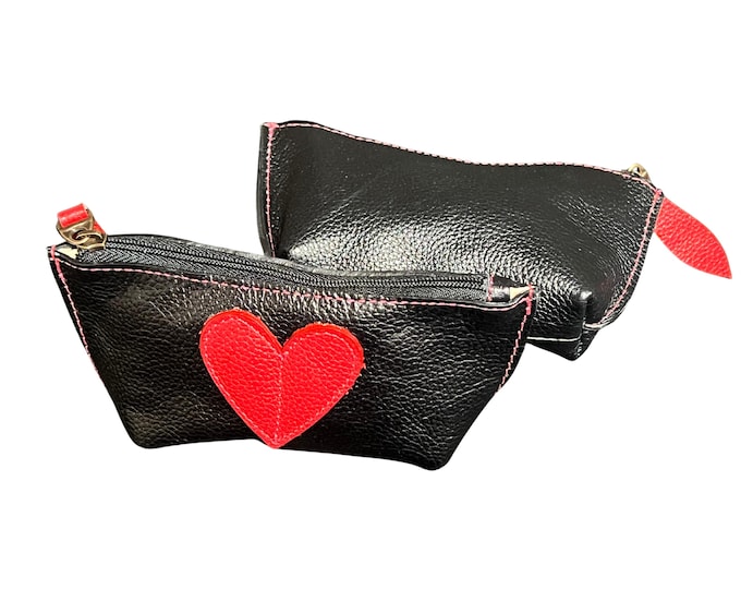 Black Leather Coin Purse with Red Heart – Genuine Leather Zipper Pouch | Valentine's Gift | Small Wallet | Handmade Love Pouch