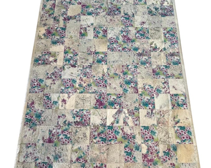 Floral Patchwork Natural Cowhide Rug | | Vintage Lavender Botanical Print Rug (5'x7')