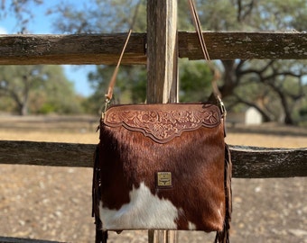 WILLOW Western Tool Leather Cowhide Fringe Crossbody Purse | Tooled Leather | Lined | Large Size Purse