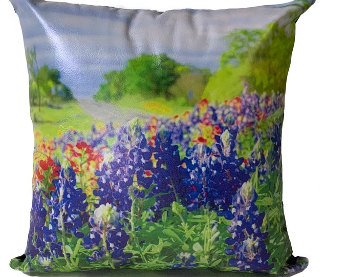 Texas Vivid Bluebonnets | Leather Throw Pillow| Image Pillow | 18”x18”