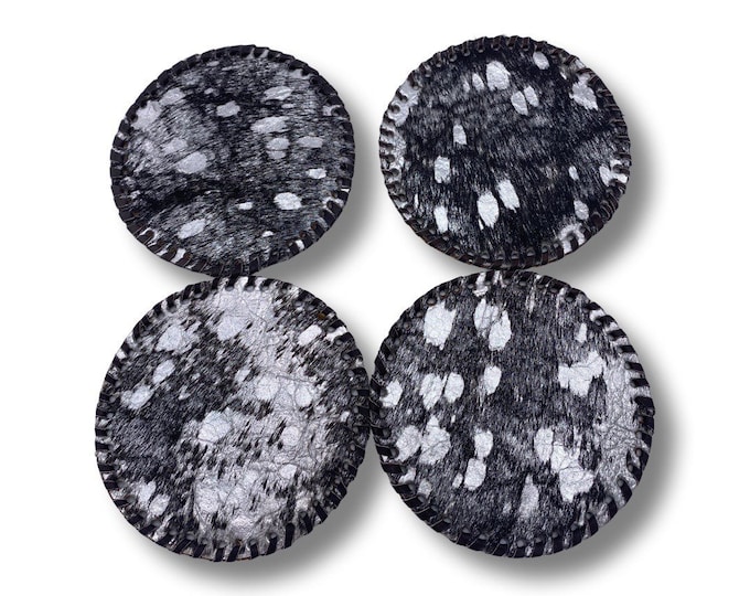 Black and Silver Cowhide LEATHER Lacing Metallic Round COASTER