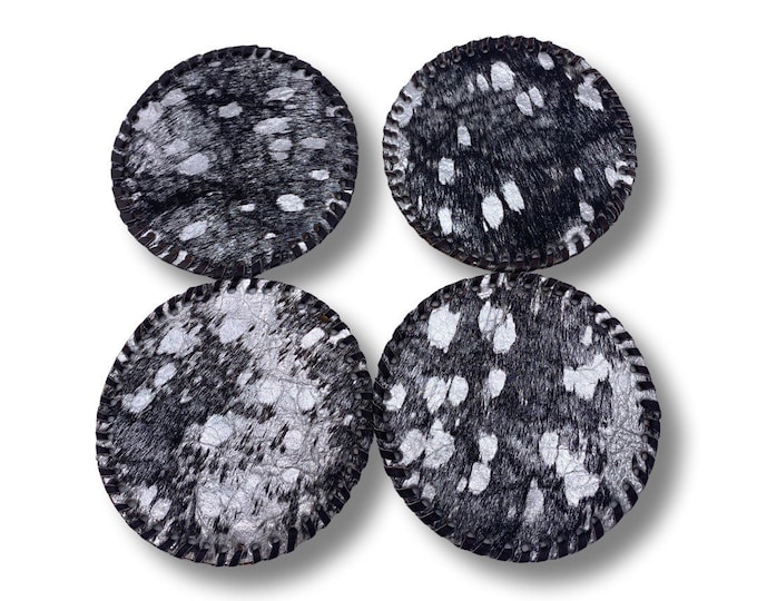 Cowhide LEATHER Lacing Metallic Round COASTER Set