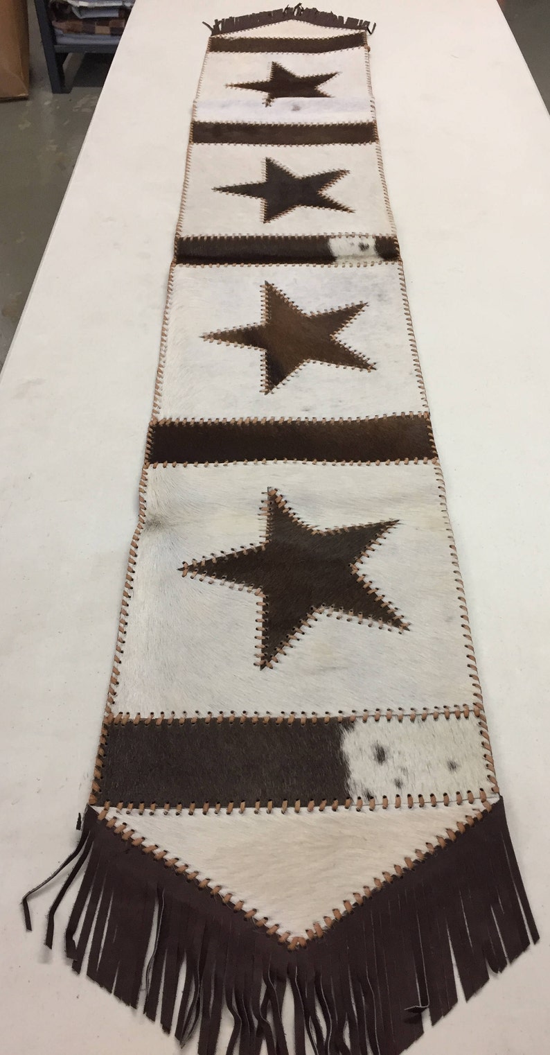 Cowhide Table Runner With Leather Fringe Texas Star