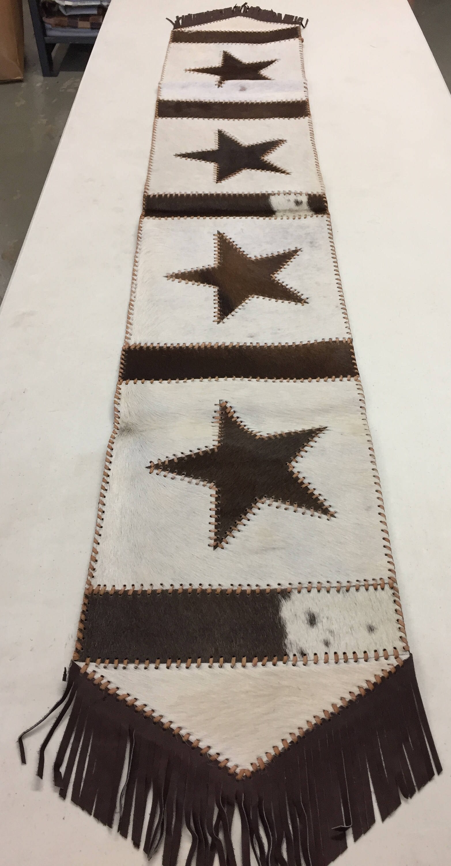 Cowhide Table Runner With Leather Fringe With Texas Star Free