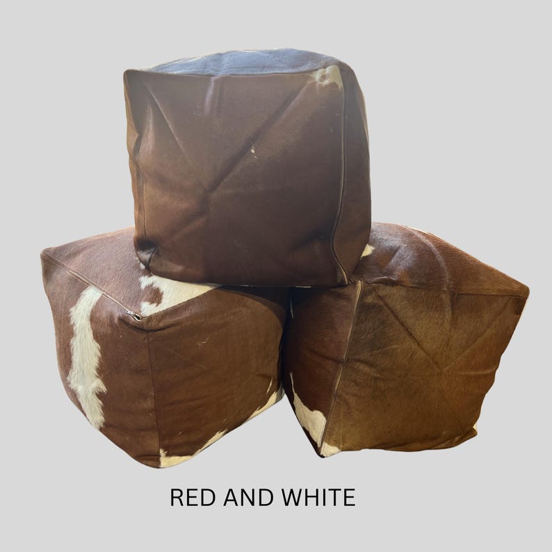 SALE!!! Handmade Patchwork Cowhide Pouf: 18X18X18in Ottoman Seat / BROWN RED AND WHITE