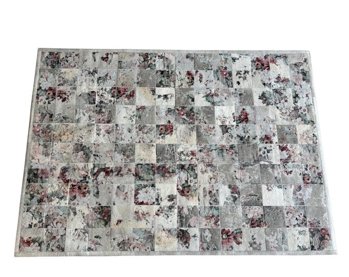 Floral Cowhide Patchwork Rug | Grey Vintage Botanical Leather Rug (5x7 ft.)