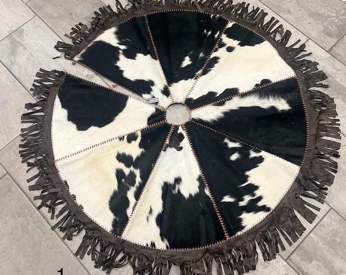 Cowhide Christmas Tree Skirt with Leather Trim, 60” Round  Western Decor Christmas Tree Skirt