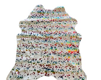 Rainbow Splatter Calfskin Rug | Hand-Painted Metallic Acid Wash Hide