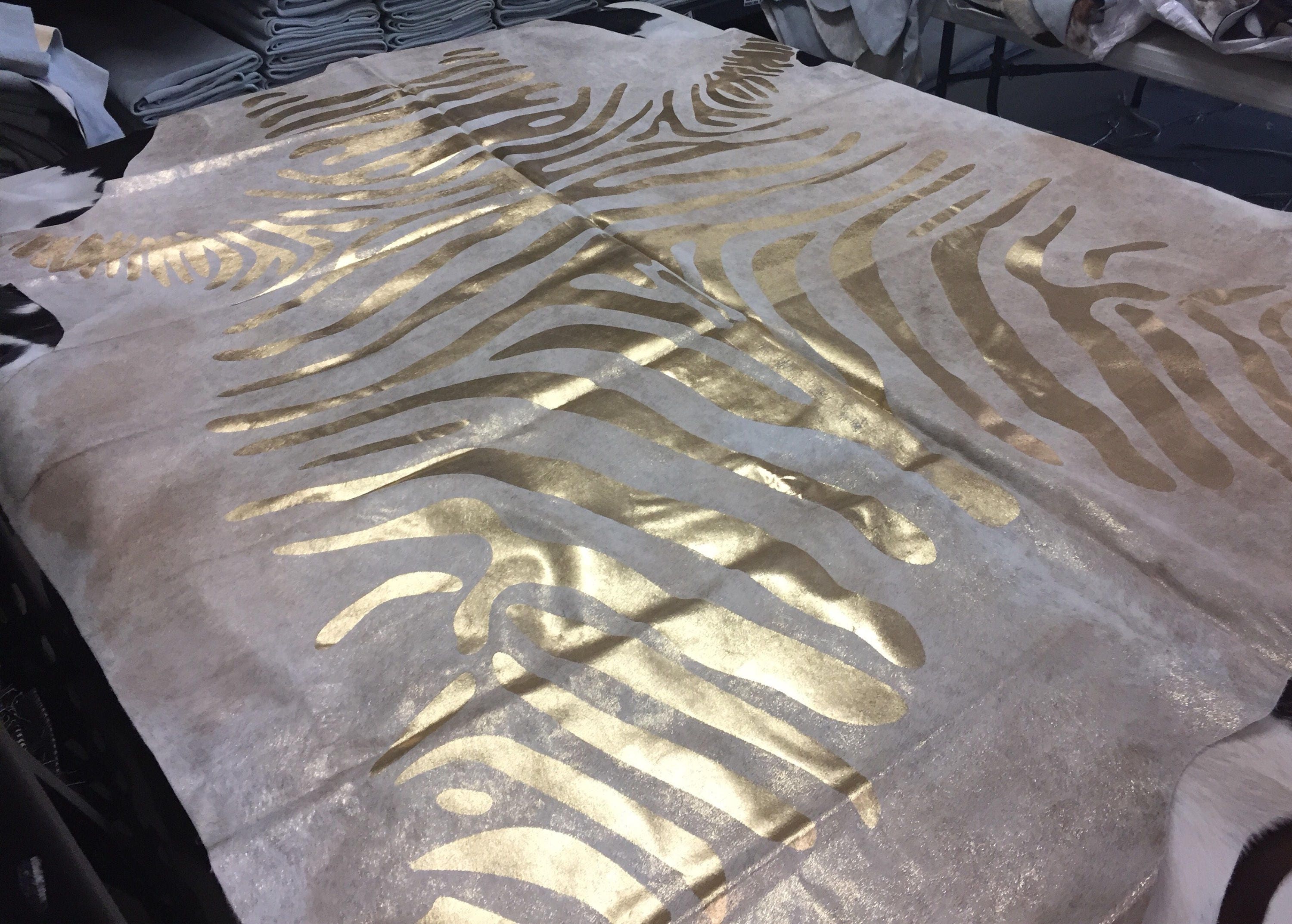 Zebra Gold on Beige Metallic Cowhide Rug FREE SHIPPING