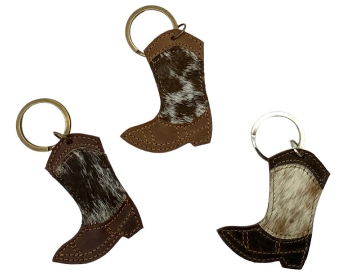 Western Boot Key Chain, Real Cowhide and Leather Key Holder Ring, Hair on Hide, Cowhide Key Fob, Key Ring, Texas King Ring