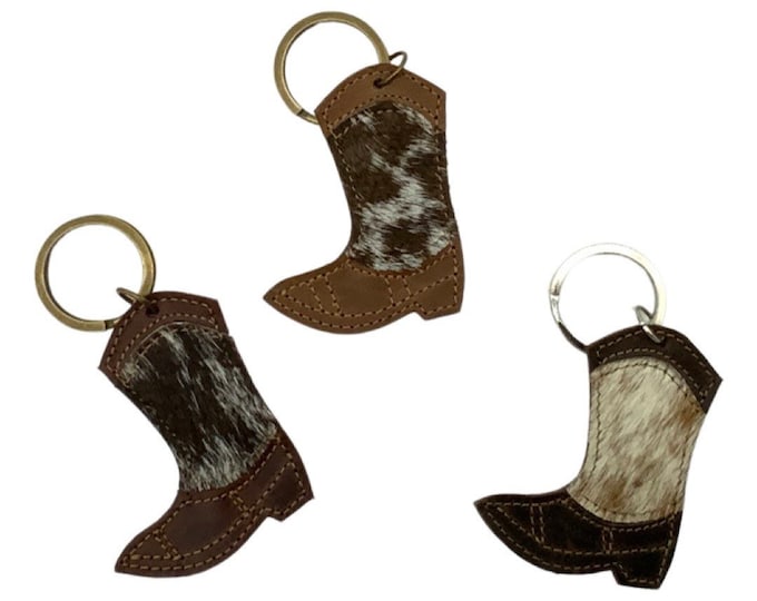 Western Boot Key Chain, Real Cowhide and Leather Key Holder Ring, Hair on Hide, Cowhide Key Fob, Key Ring, Texas King Ring