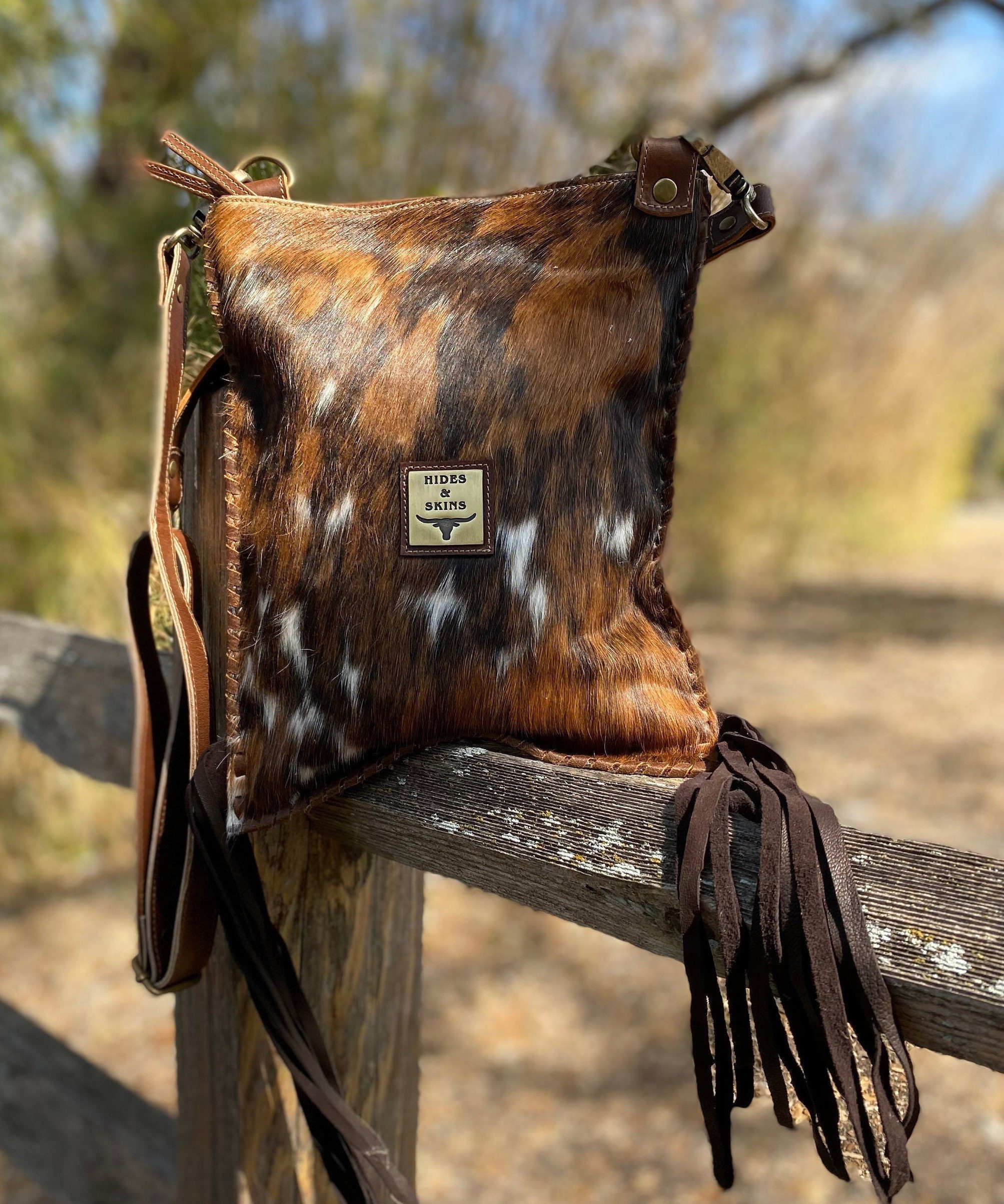 Cross Body Speckled Cowhide and Leather Fringed Handbag by Southwest Indian Foundation