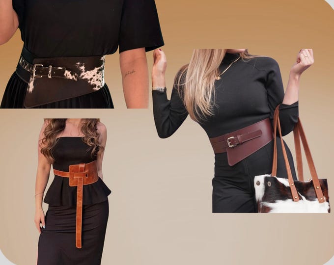 Handmade Leather & Cowhide Belts – Western Style Waist Belt, Real Cowhide Corset Belt, Ranch Fashion, Adjustable Women’s Belt from Ecuador