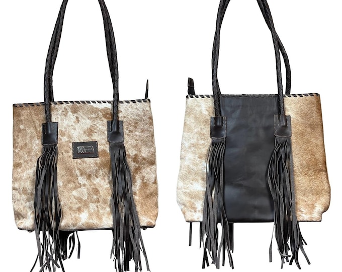 Cowhide Leather Fringe Tote Bag | Genuine Hair-On Hide Purse | Handmade Rustic Shoulder Bag