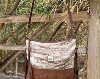 CROSSBODY Purse with LEATHER and Fringe | Tooled Leather | Lined | Large Size Purse-JUNE