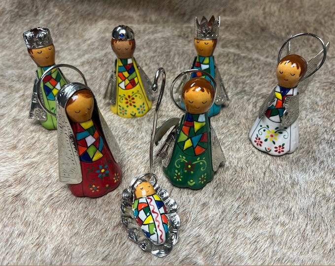 Handmade Ecuadorian Ceramic Nativity Set with Metal Artisan Figures with Colorful Andean Designs