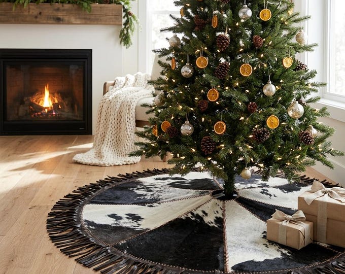Cowhide Leather Trim Christmas Tree Skirt, 60" Round Western Decor Fringe