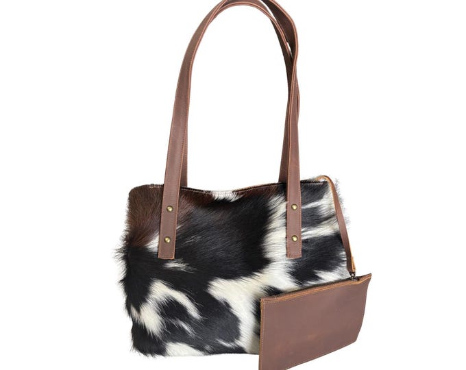 Leather Tote Bag with Zipper, Hair on Hide Handbag with Matching Pouch, Western Style Purse, Handmade Leather Shoulder Bag