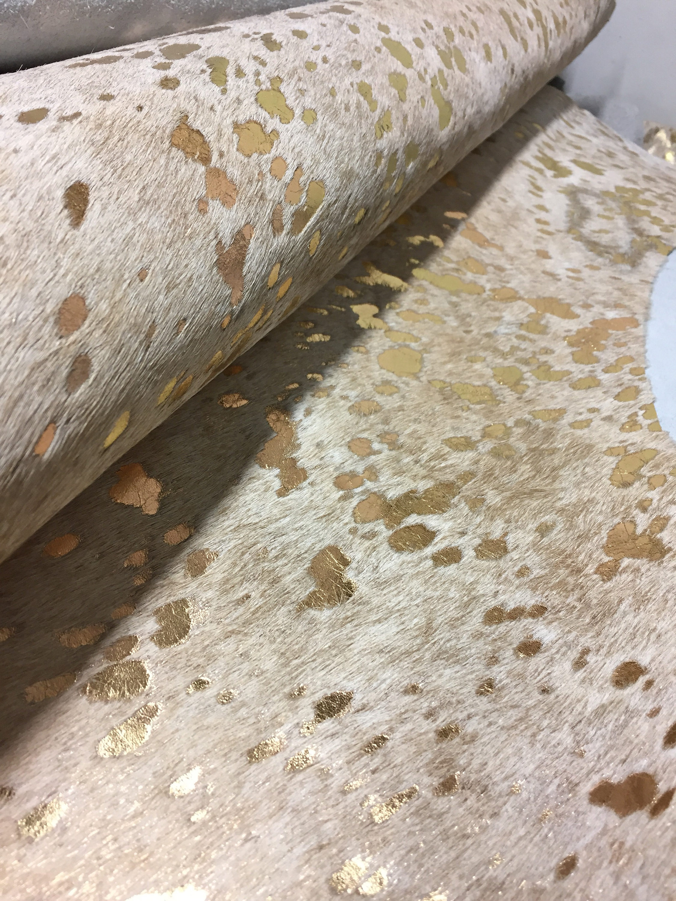 Devoré Metallic Gold on Beige Cowhide Rug Free Shipping