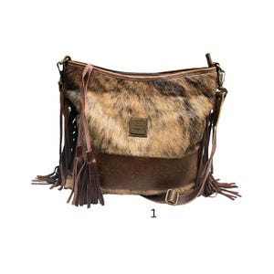 JUNE Crossbody Cowhide Purse. with LEATHER and Fringe Large with Extra bag strap image 1