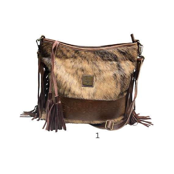 JUNE Crossbody Cowhide Purse. with LEATHER and Fringe Large with Extra bag strap