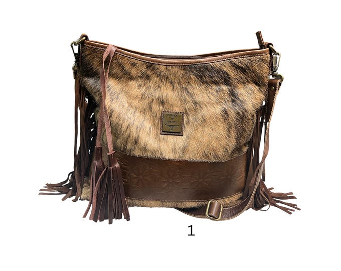 Crossbody Cowhide Purse. with LEATHER and Fringe Large with Extra bag strap