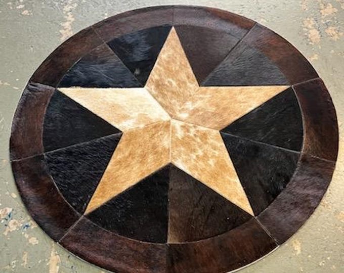 Cowhide Area Rug, 40inch STAR Cowhide Rug - Round Rug, Handmade-Patchwork -One of a Kind- Home Rustic Western Decor