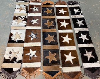 Star Pattern Cowhide Table Runner with Leather Fringe - 6ft Long - Table Decor