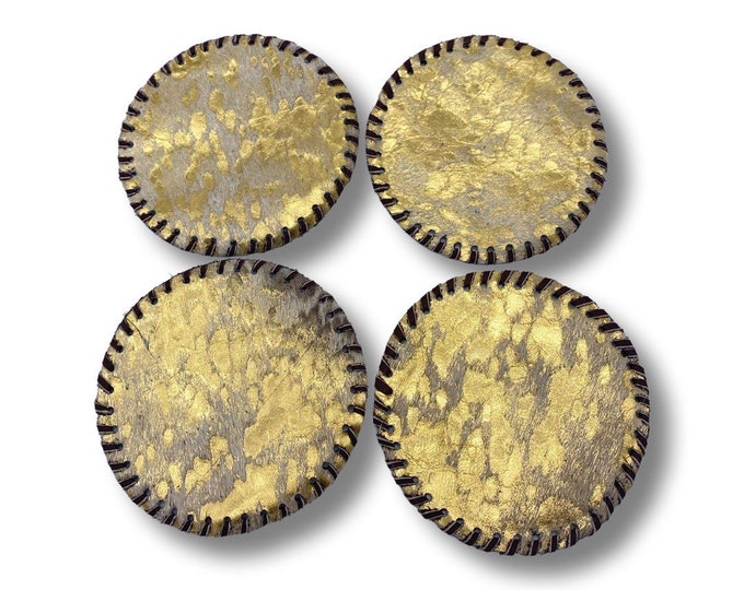 Gold and Beige Cowhide LEATHER Lacing Metallic Round COASTER