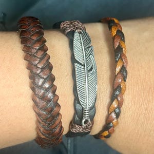 Handcrafted Leather Braided Bracelet Set. Woven Braid with Feather Charm, Adjustable and Stylish