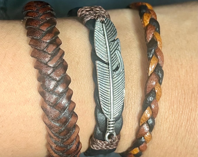 Handcrafted Leather Braided Bracelet Set. Woven Braid with Feather Charm, Adjustable and Stylish