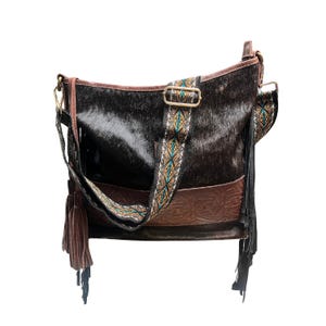JUNE Crossbody Cowhide Purse. with LEATHER and Fringe Large with Extra bag strap image 7