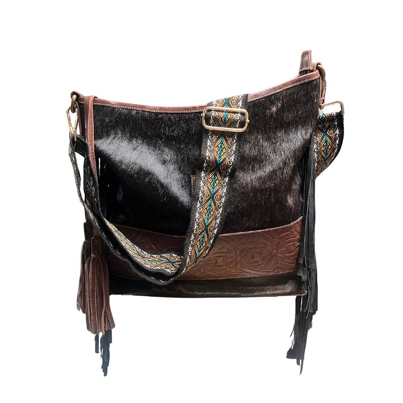 JUNE Crossbody Cowhide Purse. with LEATHER and Fringe Large with Extra bag strap image 7