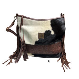 JUNE Crossbody Cowhide Purse. with LEATHER and Fringe Large with Extra bag strap image 6