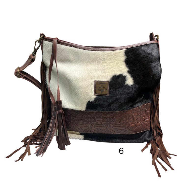 JUNE Crossbody Cowhide Purse. with LEATHER and Fringe Large with Extra bag strap image 6