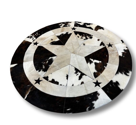 Round Cowhide 72 inch STAR Area Rug - Handmade-Patchwork -One of a Kind