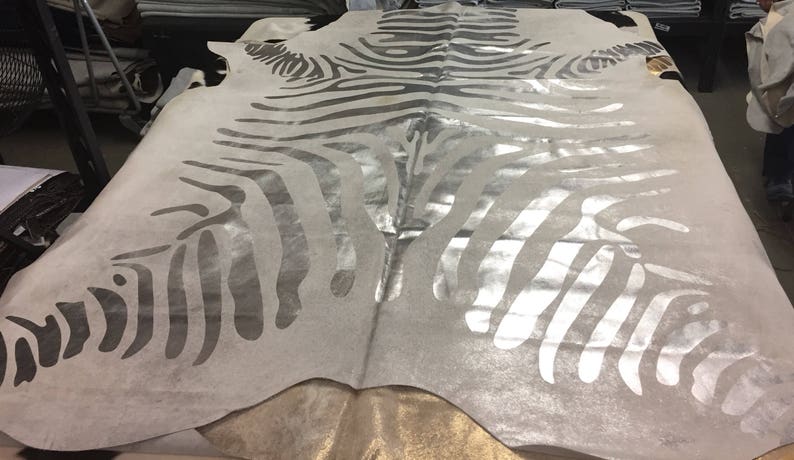 Zebra Silver On White Metallic Cowhide Rug Free Shipping Etsy