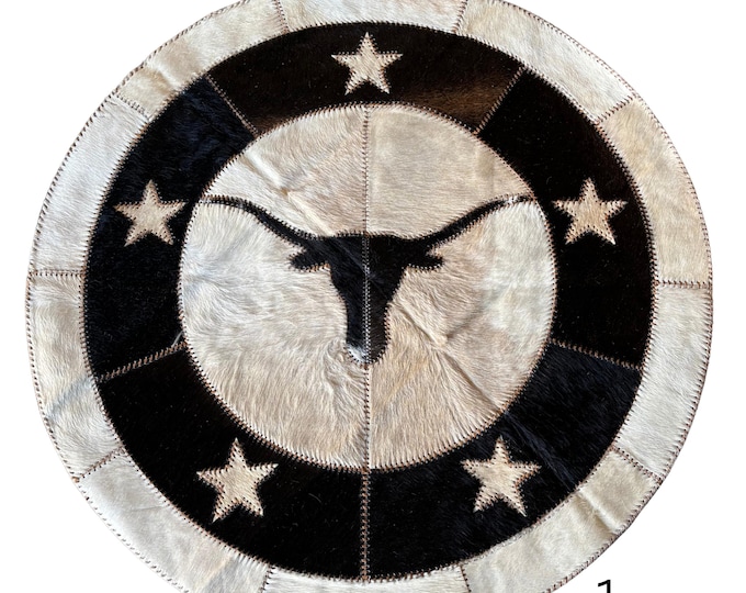 40" Round Cowhide Rug – Western Longhorn Design with Stars Boarder & Stitched Edges