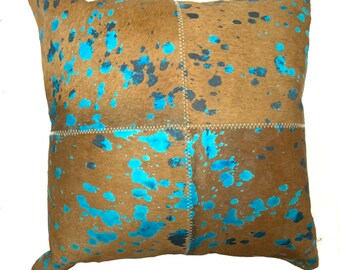 Turquoise Acidwash Cowhide Pillow| Double Sided Cowhide Pillow| 20”x20” Decorative Throw Pillow