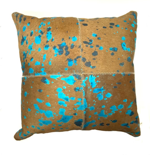 Turquoise Acidwash Cowhide Pillow| Double Sided Cowhide Pillow| 20”x20” Decorative Throw Pillow
