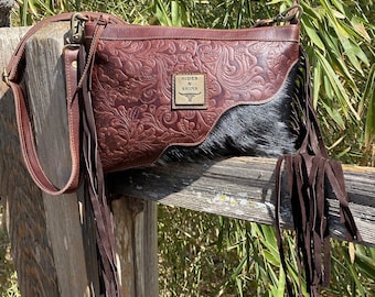 CONCEAL Carry PURSE Bag with Genuine Cowhide, Fringe and Embossed Leather by H&S Small Size Crossbody - Bolsa-LISA Southwestern Style