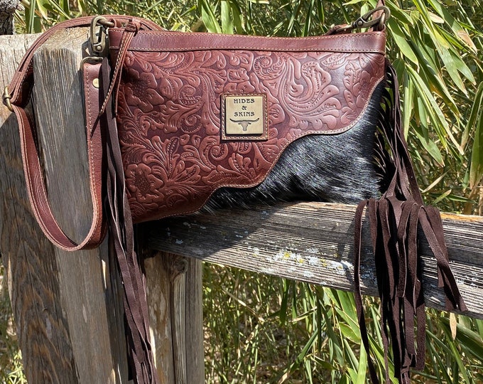 CONCEAL Carry PURSE Bag with Genuine Cowhide, Fringe and Embossed Leather by H&S Small Size Crossbody - Bolsa-LISA Southwestern Style