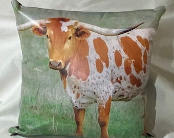 Puede incluir: Una almohada cuadrada con fondo blanco y una vaca marrón y blanca con manchas y cuernos largos. La vaca está de pie en un campo de hierba verde.